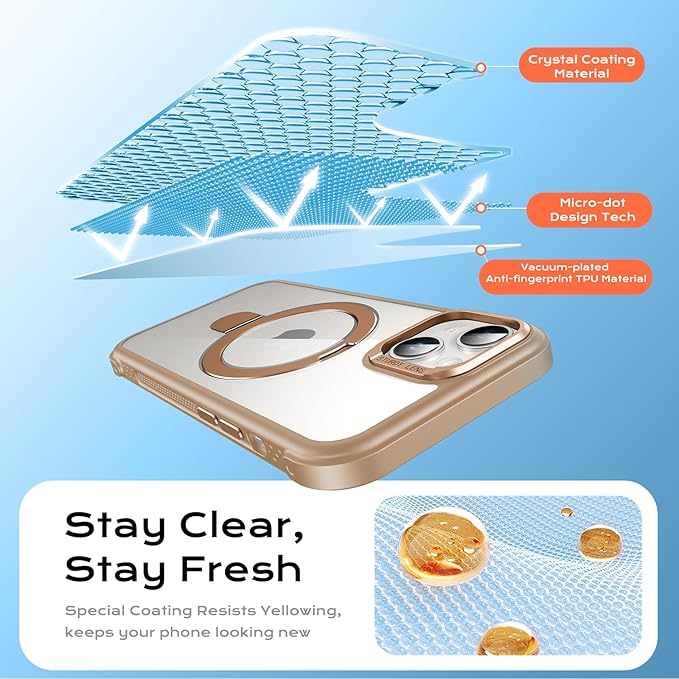 Anqrp O-Ring Magnetic Kickstand Clear Case for iPhone 14/13, Compatible with Mag-Safe, Military-Grade Reinforced 4-Corners Anti-Yellowing Transparent Phone Case Cover for iPhone 13/14, Gold