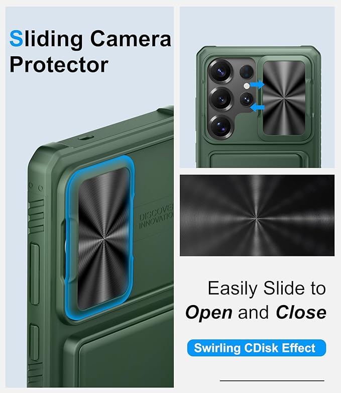 Multifuncional Case for Samsung Galaxy S25 Ultra, Card Holder (4-5 Cards), RFID Block, Slide Lens Cover & Military Grade Protection, Heavy Duty Men Women Wallet Case for Samsung S25 Ultra, Green