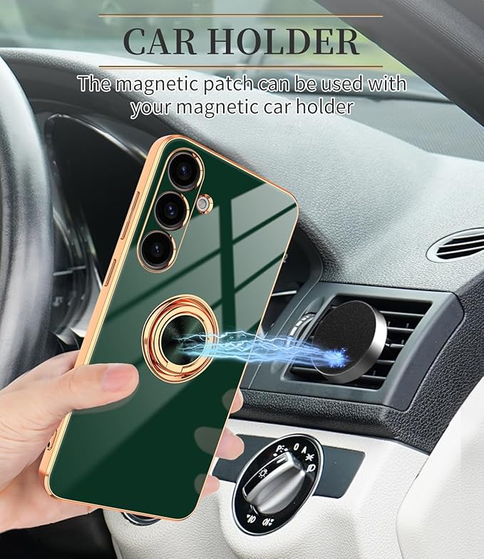 Dinick Green for Samsung Galaxy S24+ Case with Ring Holder Kickstand [with Magnetic] Soft TPU Bumper, Glitter Gold Electroplated Cover Slim Thin Protective Phone Case for Galaxy S24 Plus