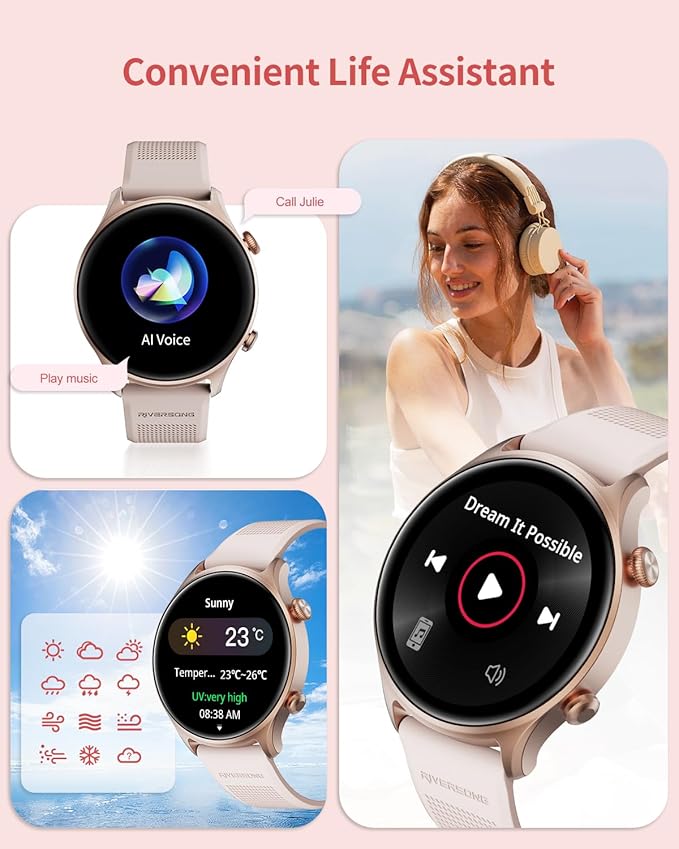 RIVERSONG Round Smart Watch for Women, 1.52" Activity Tracker with Answer/Make Call/AI Voice for Android iPhone, 100+ Sport Modes, Heart Rate/Sleep/ SpO2 Monitor, Female Cycle, Rose Gold