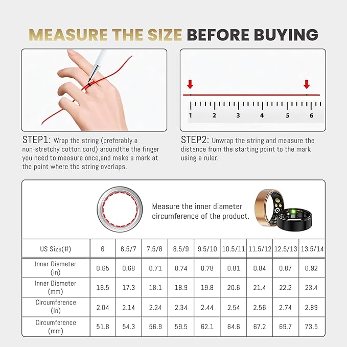 Smart Ring for Women Men, Health Tracker with Heart Rate/Blood Oxygen/Blood Pressure/Sleep Monitoring/Step Counting, IP68 Waterproof Fitness Ring, No App Fees for iPhone & Android (Black, 7#)