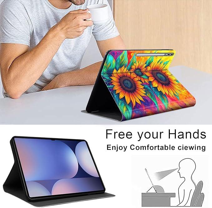 Case for Samsung Galaxy Tab S10 Ultra/Galaxy Tab S9/S8 Ultra 14.6-Inch, Slim PU Leather Stand Cover with Auto Wake/Sleep, Multi-Angle Viewing & Shockproof, Three Sunflowers