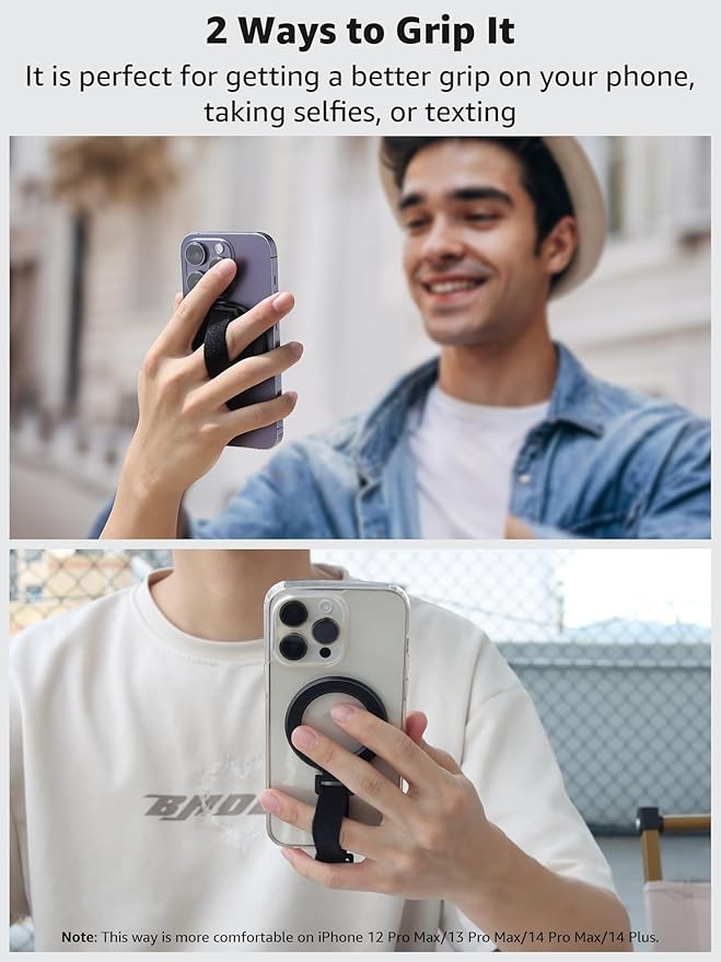 SUPERONE for MagSafe Phone Grip with Finger Strap, Removable Magnetic Ring Holder with Kickstand Finger Loop, MagSafe Accessories for iPhone 17/16/15/14/13/12 Series, Black