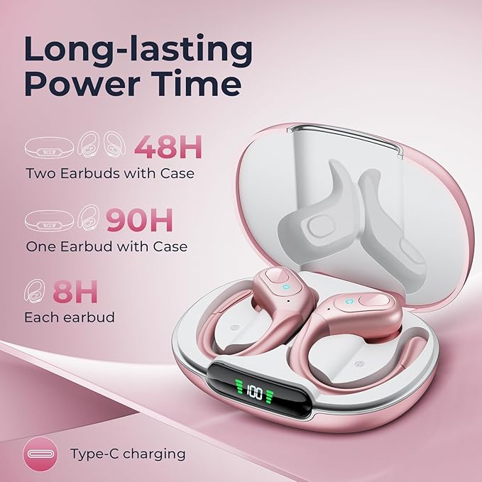 occiam Wireless Earbuds Bluetooth Headphones 90Hrs Playtime with IPX7 Sweatproof Sport Over Ear Buds with Noise Canceling Mic Deep Bass in Ear Earphones for Workout Exercise Gym (Rose Gold)