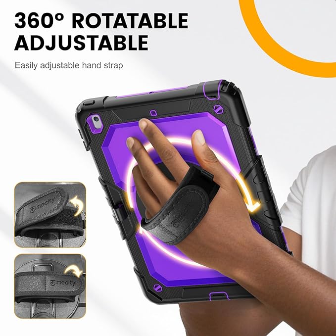 Timecity Case for iPad 9th/ 8th/ 7th Generation 10.2 inch - Heavy Duty Protective Cover with Screen Protector, Rotating Stand, Shoulder Strap & Pencil Holder | Kids-Friendly (Purple)