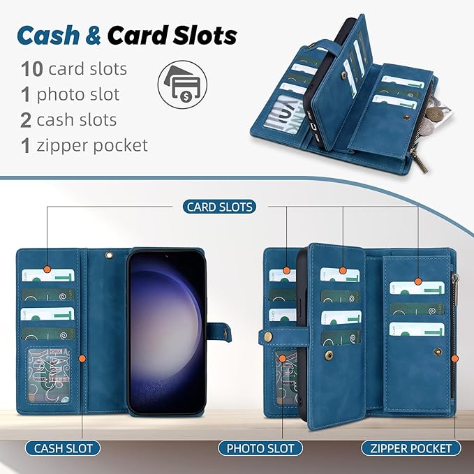 TwoHead for Samsung Galaxy S23 Wallet Case with Card Holder & Detachable Magnetic Phone Case for Galaxy S23,PU Leather Shockproof Protective Phone Cover Wallet with Wrist Strap(6.1 in,Navy Blue)