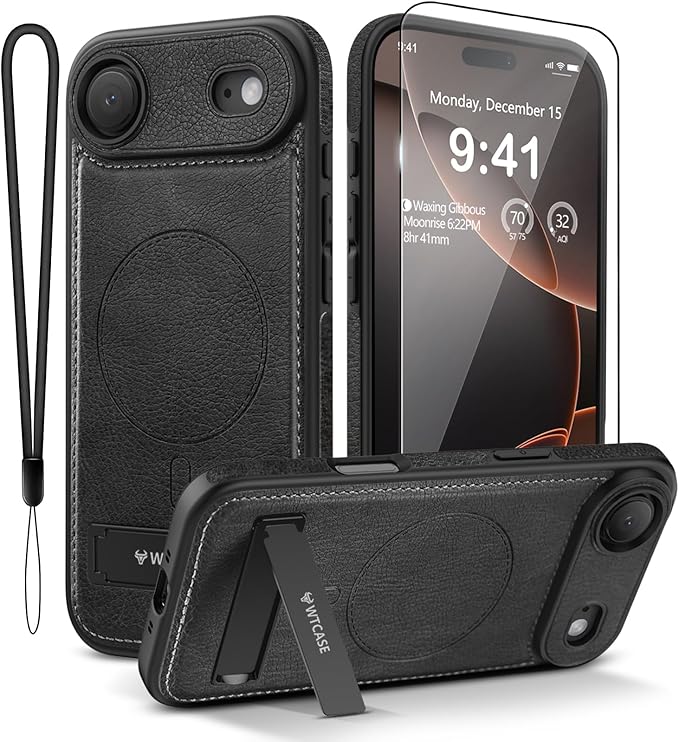 Magnetic for iPhone Air Leather Case,Built-in Invisible Stand [Compatible with Magsafe] Protective Slim Kickstand Phone Cover for iPhone Air Case, Black