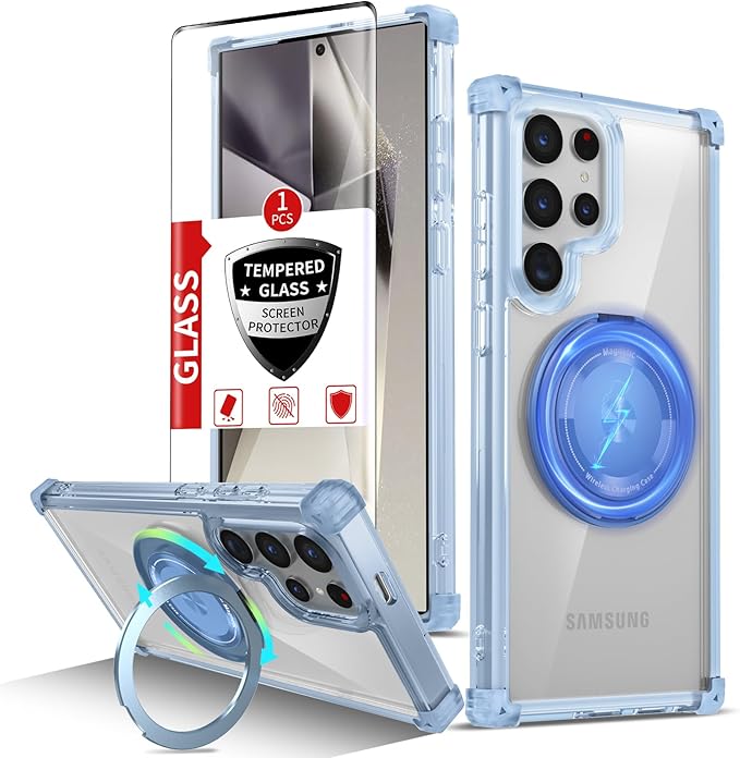 for Samsung Galaxy S24 Ultra Case Compatible with Magnetic Wireless Charging with Screen Protectors,Galaxy S24 Ultra Case Built-in Kickstand Ring Military Grade Drop Protection Shockproof Blue