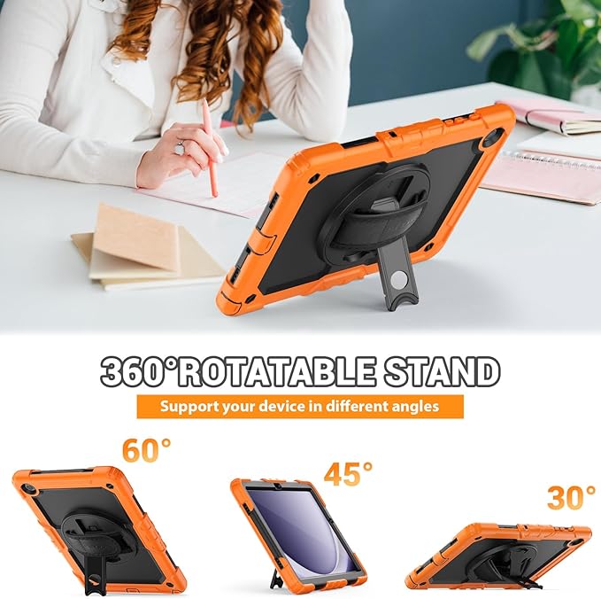 SEYMAC Case for Samsung Galaxy Tab A9+/ A9 Plus 11" (SM-X210/X216/X218), Heavy Duty Shockproof Protective Case with Screen Protector, Rotating Stand, Hand/Shoulder Strap, Orange