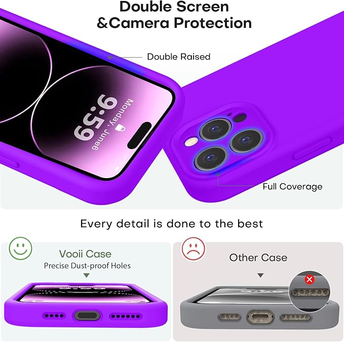 Vooii Compatible with iPhone 14 Pro Case, Liquid Silicone Upgrade [Camera Protection] [Soft Anti-Scratch Microfiber Lining] Shockproof Phone Case for iPhone 14 Pro 6.1 inch - Neon Purple
