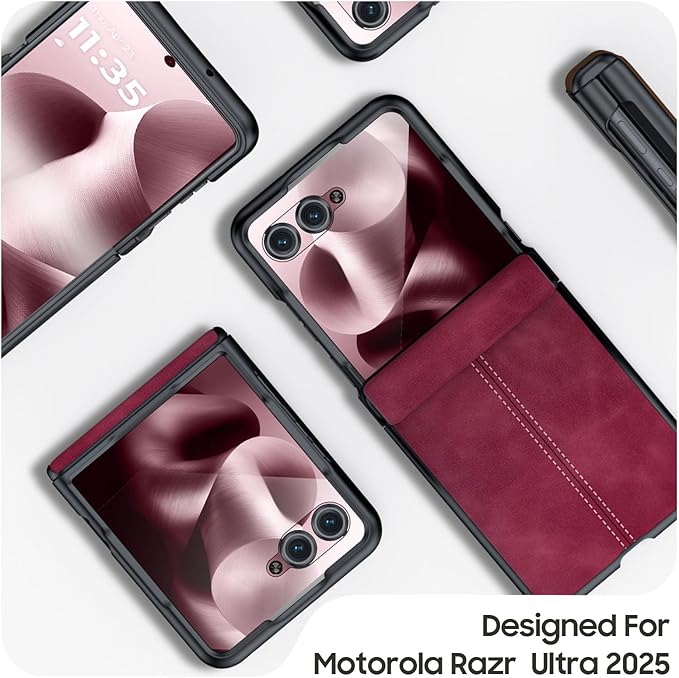 for Motorola Razr Ultra 2025 Case Built-in Screen Protector & Hinge Protection & Ultra Thin PU Leather Matte PC Shockproof Phone Cover Smartphone Case for Moto Razr Ultra 2025 (Red)