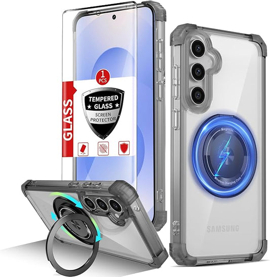 Magnetic for Samsung Galaxy S25 Plus Case Compatible with MagSafe Wireless Charging,with Screen Protector,for S25+Plus Case with Kickstand Ring,Shockproof Military Grade Drop Protection Black
