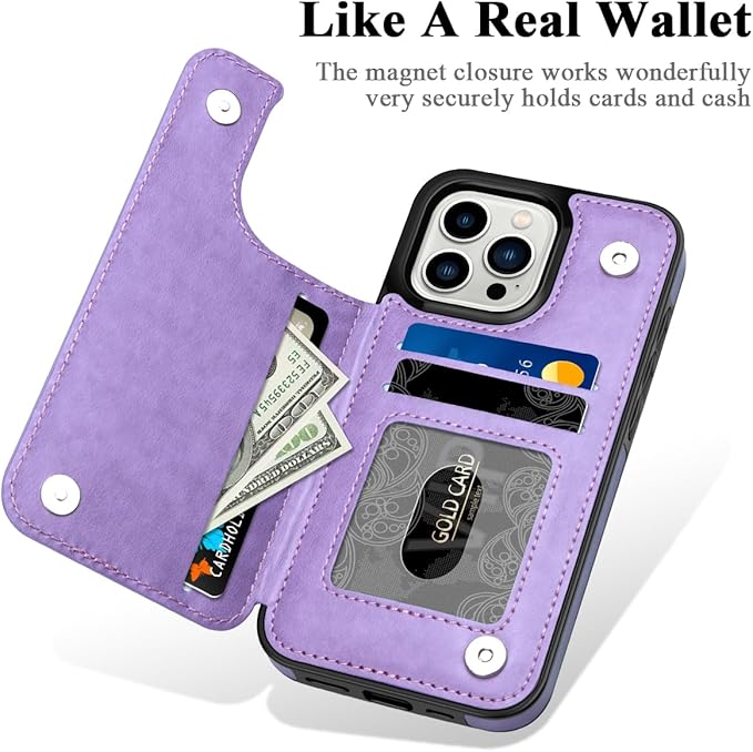 MMHUO for iPhone 15 Pro Case with Card Holder,Flower Magnetic Buttons Protective Wallet Case for Women for iPhone 15 Pro,Purple