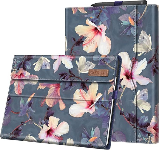 Fintie Case for 13 Inch Microsoft Surface Pro 11/10/9 - Multiple Angle Viewing Portfolio Business Cover with Pocket & Stylus Holder, Compatible with Type Cover Keyboard, Blooming Hibiscus