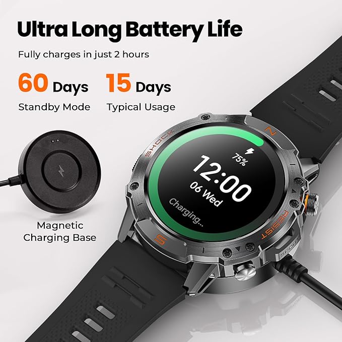 WalkerFit Military Rugged Smart Watch for Men 1.43" AMOLED Smartwatch, Always-on, 3ATM Waterproof for Swim, Accurate HR Sleep Monitor,Bluetooth Call Fitness Watch for iPhone Andriod Compatible, Black