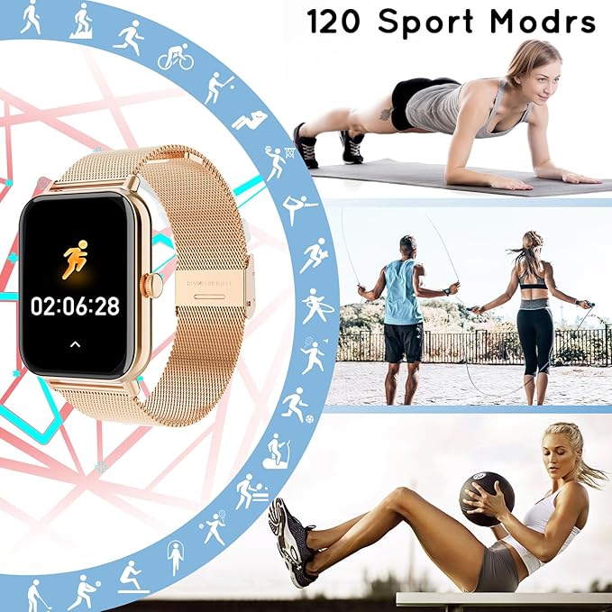Smart Watch for Women Men(Answer/Dial Calls) 1.83" HD AI Voice Smartwatch with Fitness/Step Tracker/Heart Rate/Sleep/Stress Monitor, 120+ Sports Modes IP68 Waterproof for IOS/Android, Gold/3 Bands