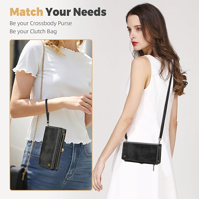 for iPhone 12&12 Pro Wallet Phone Case with 7 Card Holder,RFID Blocking | PU Leather | Kickstand | Flip | Wrist Strap&Shoulder Strap | Shockproof | Zipper Wallet | Women Men | 6.1" | Black