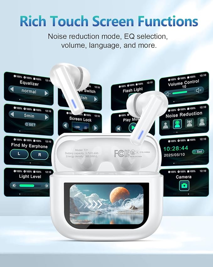 Wireless Earbuds Bluetooth Headphones, Ear Buds with Touch Screen, ANC ENC Noise Cancelling Transparency Mode, 40H Stereo Deep Bass, IPX7 Waterproof, Clear Calls, 5 EQ for iOS Android (White)