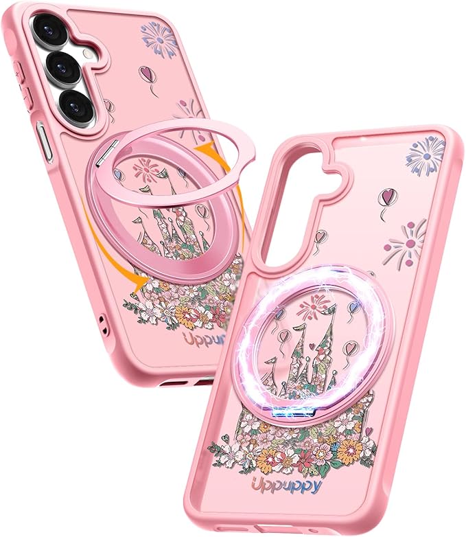 for Samsung Galaxy A16 4G/5G Case with 360° Rotatable Magnetic Ring - Semi-Transparent Anti-Fingerprint Soft-Touch Material Shockproof, Cute Pink Castle Design for Women Girl