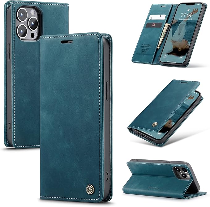 for iPhone 13 Pro Case, Flip Wallet Leather Case with Card Holder Magnetic Closure Shockproof Kickstand Protective Phone Cases Cover for iPhone 13 Pro, Blue-Green