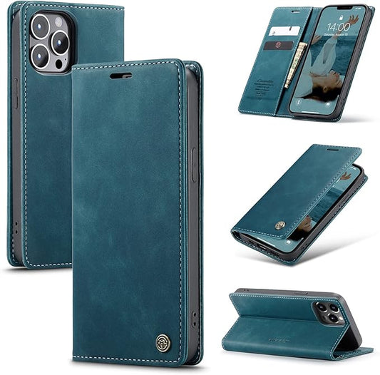 for iPhone 13 Pro Max Case, Flip Wallet Leather Case with Card Holder Magnetic Closure Shockproof Kickstand Protective Phone Cases Cover for iPhone 13 Pro Max, Blue-Green