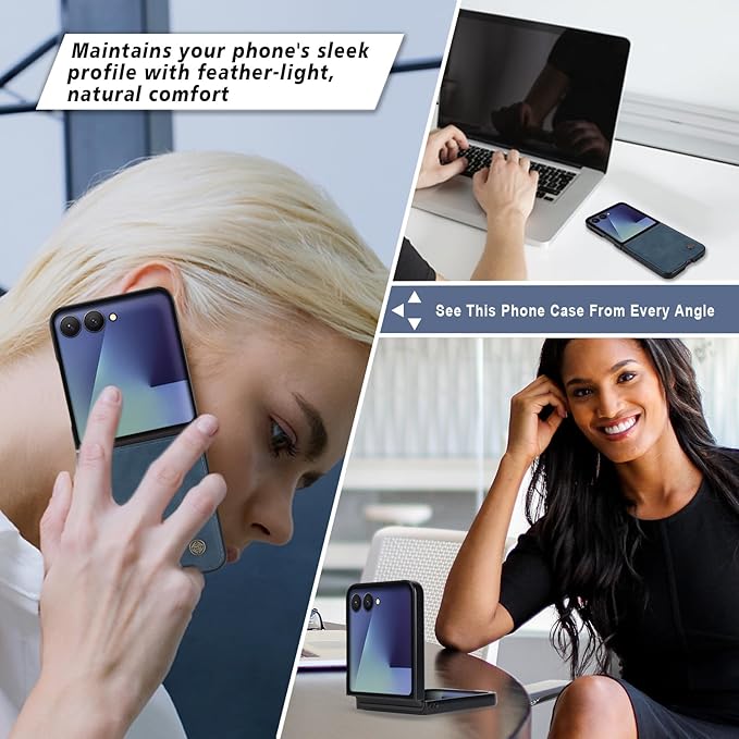 ASAPDOS Leather Folio Magnetic Case for Samsung Galaxy Z Flip 7 [Compatible with MagSafe],Built-in Screen Protector and PU Leather Thin Slim Protective Case Cover Blue