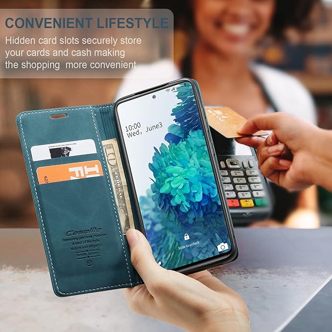 for Samsung Galaxy S20 FE Case, Flip Wallet Leather Case with Card Holder Magnetic Closure Shockproof Kickstand Protective Phone Cases Cover for Samsung S20 FE,Blue-Green