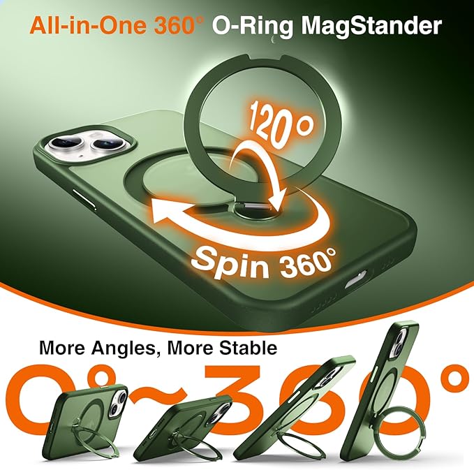 360° O-Ring MagStander for iPhone 15 Case with Magnetic Kickstand Ring Holder [Compatible with MagSafe][360°Rotate Stand Ring][Military Shockproof] Magnet iPhone 15 Phone Cover Matte Green