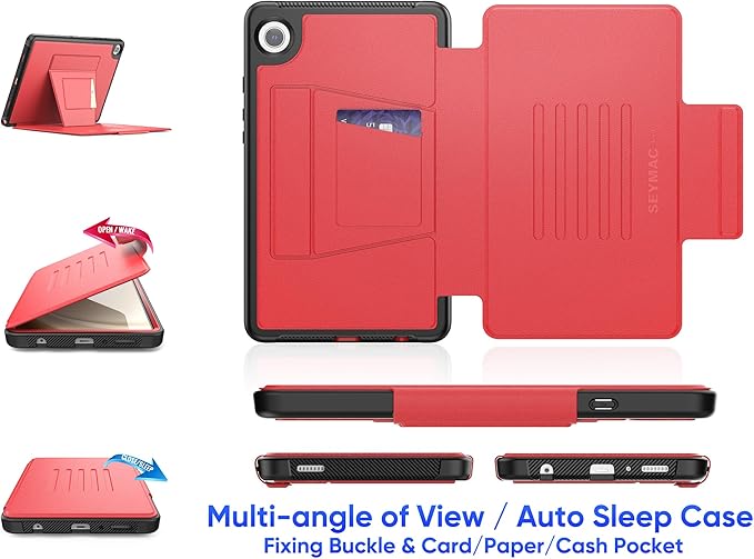 SEYMAC stock Case for Samsung Galaxy Tab A9 8.7'', Case with Magnetic Multi-Angles Stand, Card Slot for Galaxy Tab A9 8.7'' SM-X110/X115/X117, (Red)