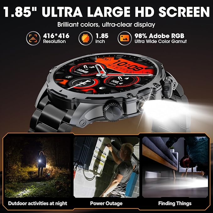 Military Smart Watch for Men (Answer/Make Call), 1,85" HD Touch Screen 700mAh Large Battery Fitness Watch with Flashlight/Heart Rate Fitness Tracker for iPhone & Android Black Steel Strip