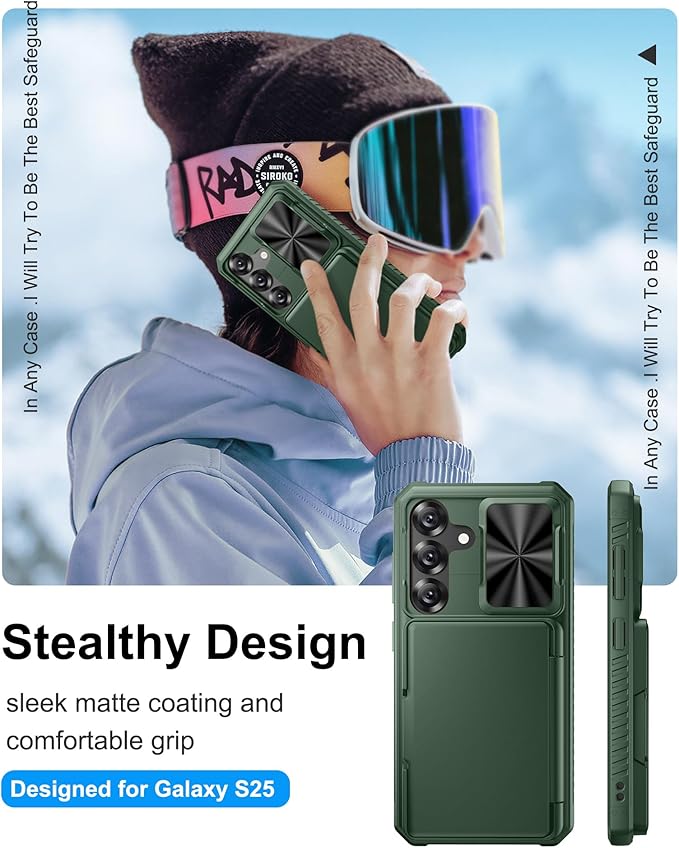 Multifuncional Case for Samsung Galaxy S25, Card Holder (4-5 Cards), RFID Block, Slide Lens Cover, Military Grade Drop Protection, Heavy Duty Men Women Wallet Phone Case for Samsung S25, Green