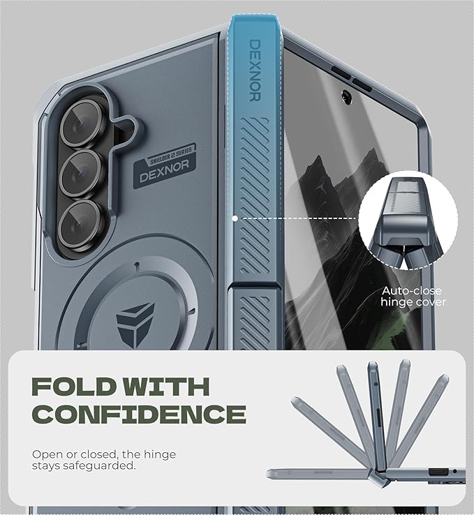 Dexnor Magnetic for Samsung Galaxy Z Fold 7 Case with Dual Kickstands & Front Screen Protector & Hinge Protection, Compatible with MagSafe, Full-Body Rugged Protective Cover Bumper Cases,Navy Blue