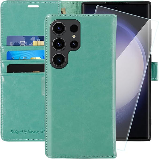 MONASAY Wallet Case Compatible for Galaxy S23 Ultra 5G,[RFID Blocking] Flip Folio Leather Cell Phone Cover with Credit Card Holder, 6.8 inch, Mint