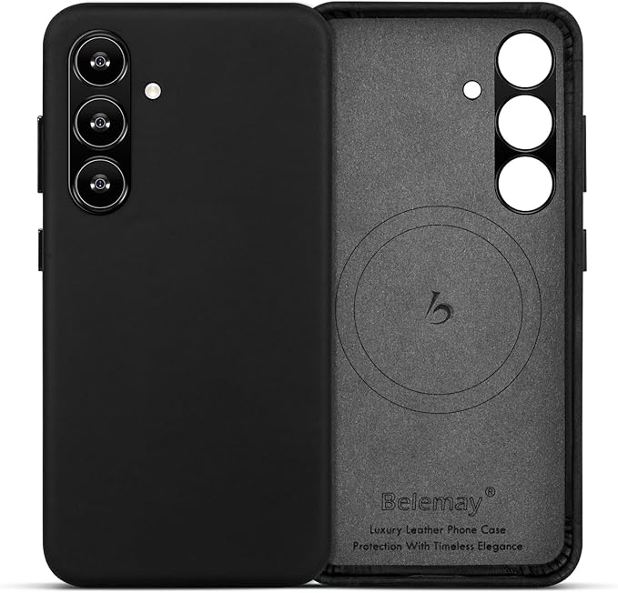 Belemay Leather Case for Samsung Galaxy S24 Compatible with Magsafe - Premium Crazy Horse Leather [Vintage Aesthetics] Unique Patina, Comfort Grip, Metal Buttons, Slim&Soft Cover (6.2") Antique Black