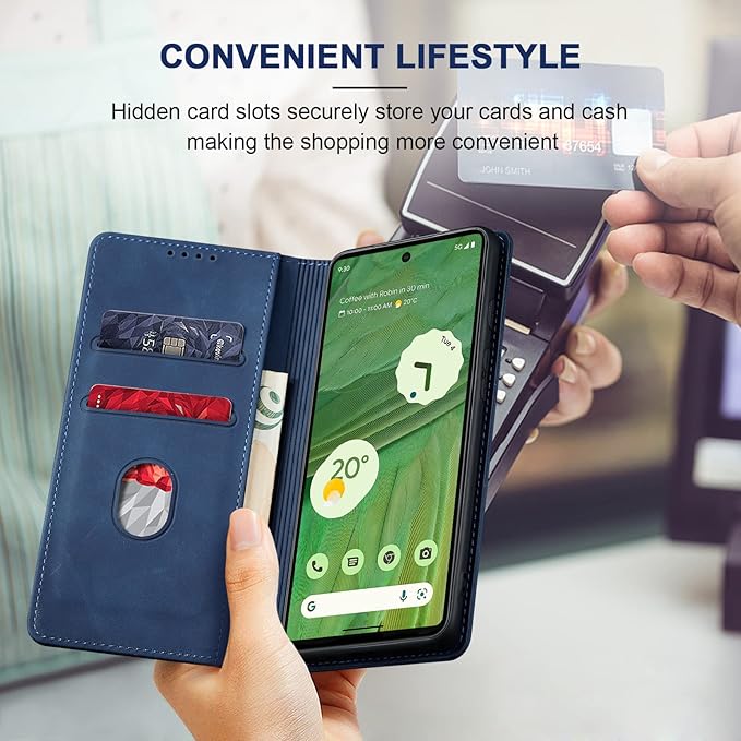 Jasonyu Flip Wallet Case for Google Pixel 7 5G,Leather Magnetic Folio Cover with Card Holder,Kickstand - TPU Shockproof Durable Protective Phone Case,Blue