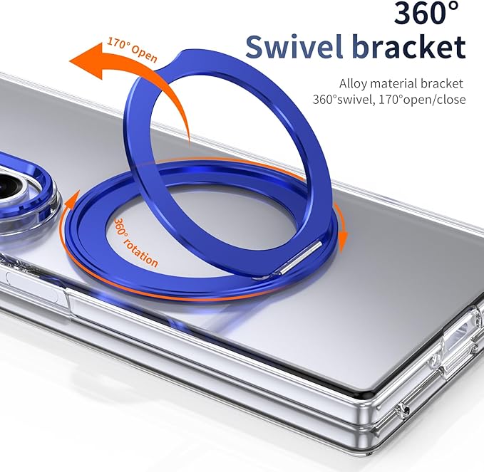 for Samsung Galaxy Z Fold 7 Case with Magnetic Ring Holder, 360 Rotating Bracket, Built-in Front Screen Len Protector, Anti-Yellowing & Anti-Fingerprint Crystal Clear Case.(Blue)
