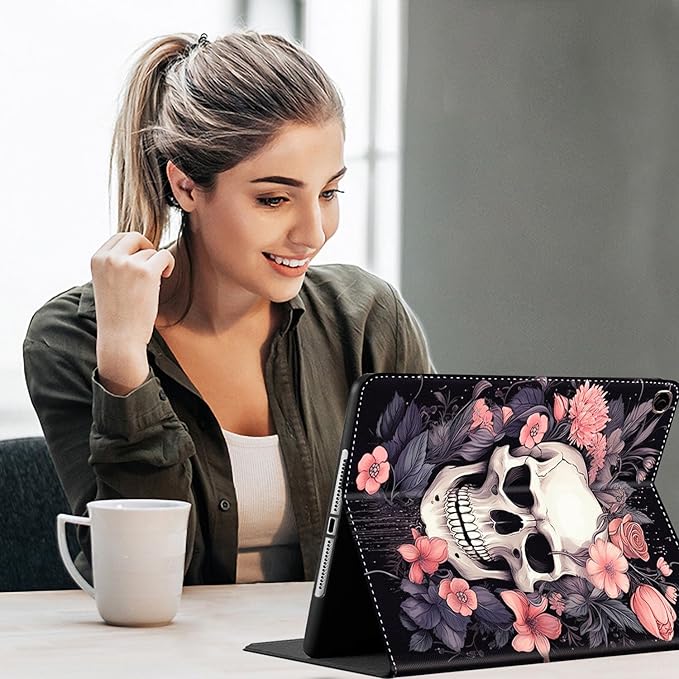 Case for Galaxy Tab A9 Plus ， Auto Sleep/Wake Multi-Angle Viewing Slim Folio Stand Cover for Samsung Galaxy Tab A9+/A9 Plus 11 Inch 2023 (SM-X210/X216/X218), Skull Flower