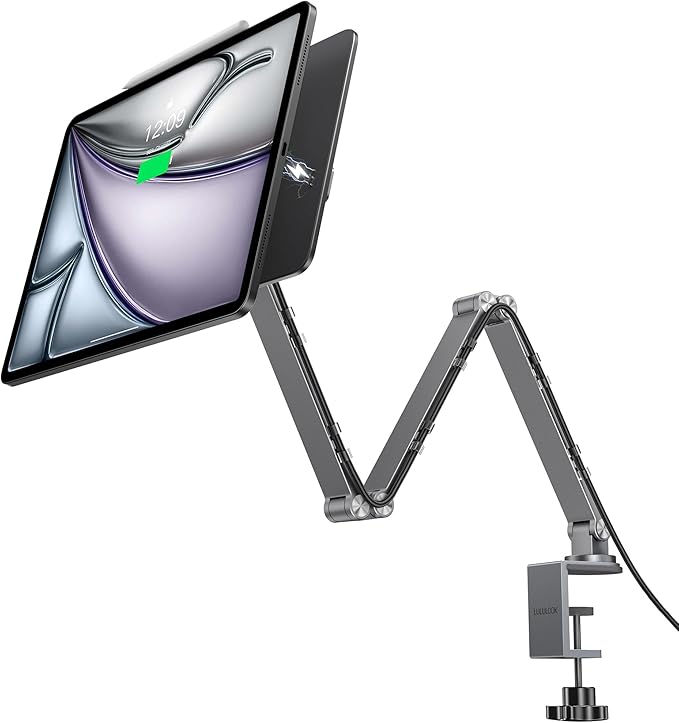 [Upgrade] Magnetic Wireless Charging Stand for iPad Pro 12.9" Gen3-6 / Air 13" M3/M2, Rock Steady iPad Stand for Desk with Foldable Aluminum Alloy Arm, Adjustable Tablet Mount with 2M Braided Cable