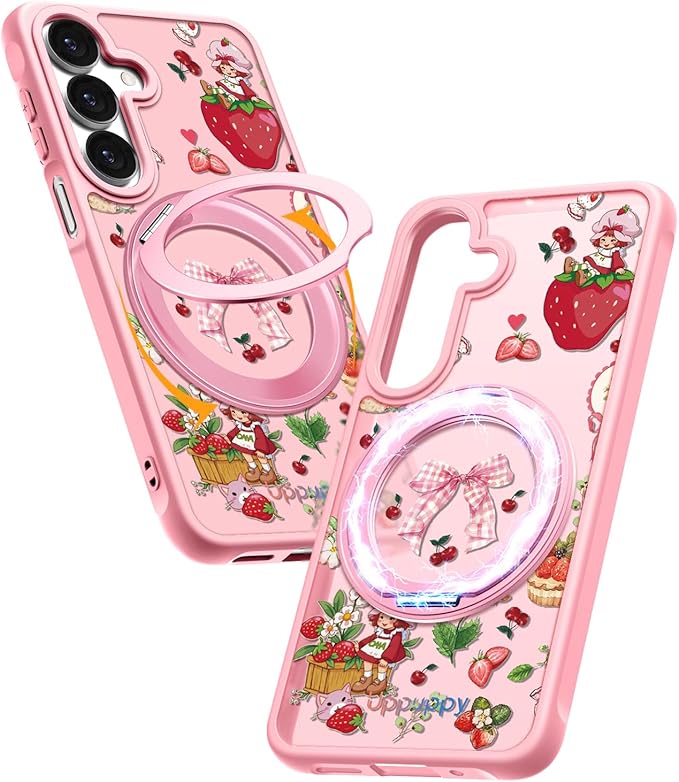 for Samsung Galaxy A16 4G/5G Case with 360° Rotatable Magnetic Ring - Semi-Transparent Anti-Fingerprint Soft-Touch Material Shockproof, Cute Pink Strawberry Design for Women Girl