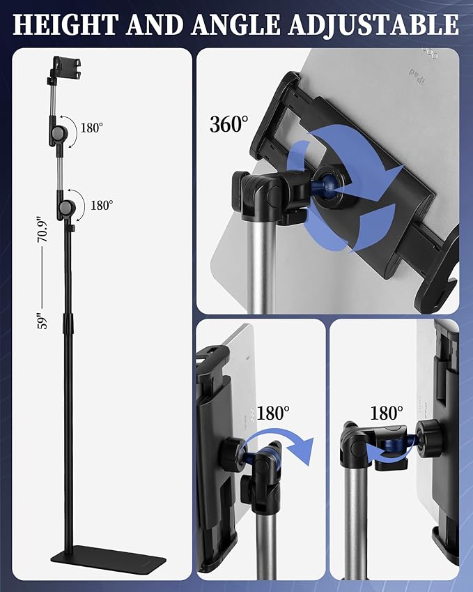 SHUWEI Tablet Floor Stand with Double Self-Locking Worm Gears, 70.9”Height Adjustable iPad Floor Stand with 7.5lb Stable Base, Compatible with 4-15.6'' iPad, Kindle, Phone, Portable Monitor, Black