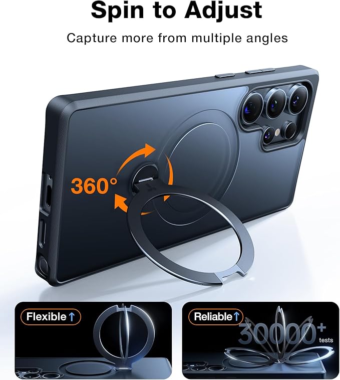 TORRAS 360 Spin Magnetic Stand for Samsung Galaxy S25 Ultra Case, Fit for Magsafe, Military Grade Slim Protective S25 Ultra Case with Kickstand & Ring Holder, Ostand Spin, Translucent Frosted Black