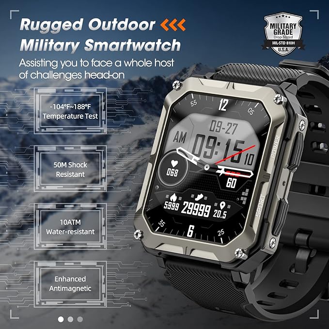 Rgthuhu Military Smart Watches for Men (Answer/Make Call), 100M Waterproof Rugged Smart Watch for Android Phones and iPhone, 1.9" Outdoor Sports Fitness Tracker with Heart Rate, Sleep Monitor, Black