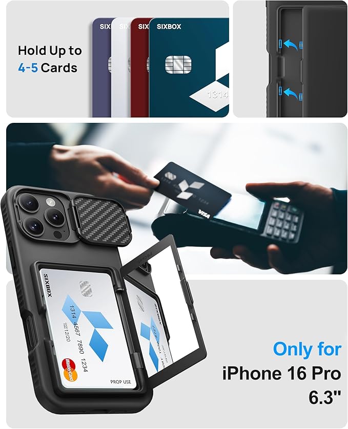 for iPhone 16 Pro Case with Card Holder & Kickstand & Camera Cover, Full Body Protective Silicone Edge Rugged Multifunctional Wallet Stand Phone Cover Case for iPhone 16 Pro, Black