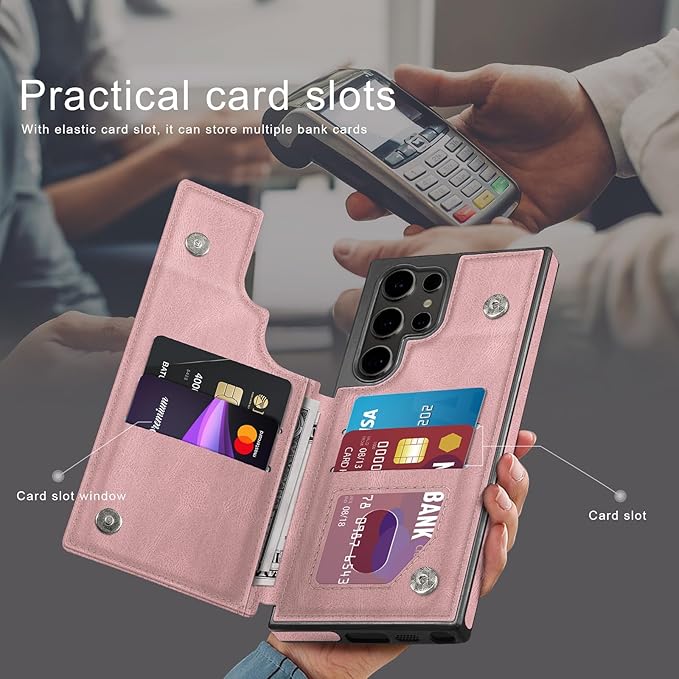 DJDUCK Designed for Samsung Galaxy S25 Ultra Case Wallet with Card Holder, [Magnetic Clasp Cover] [RFID Blocking Leather Protection] Shockproof Women Men Cases for Samsung S25 Ultra Pink