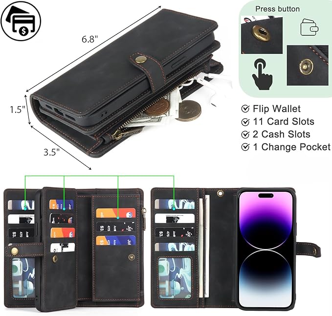 TwoHead Wallet Case Compatible with iPhone 15 Plus,Detachable Magnetic Phone Case,All-Round Shockproof Protective Leather Phone Case with Card Holder,6.7 in