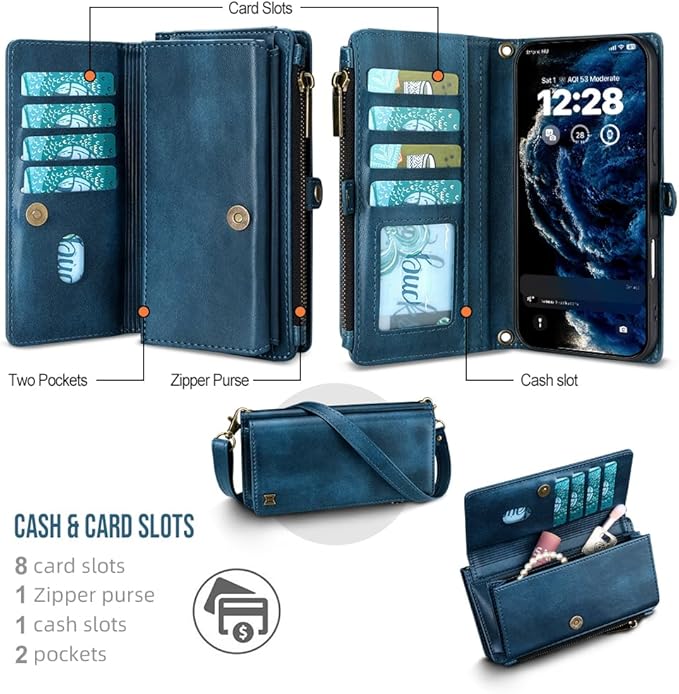 for iPhone 17 Pro Max Wallet Phone Case with 8 Card Holder,RFID Blocking | PU Leather | Kickstand | Flip | Wrist Strap&Shoulder Strap | Shockproof | Zipper Wallet | Women Men | 6.9" | Blue