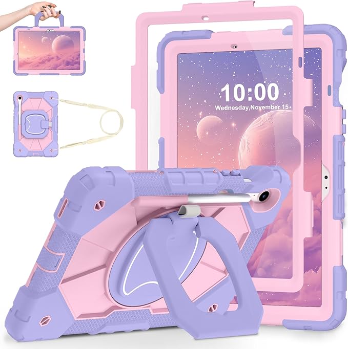 WESOROL Case for Samsung Galaxy Tab S10 Lite/S10 FE/S9 FE 10.9 Inch Galaxy Tab S9 11 Inch,Drop Protection Samsung S9 FE Kids Tablet Case with Screen Protector Rotate Stand Pen Holder,Purple Rose