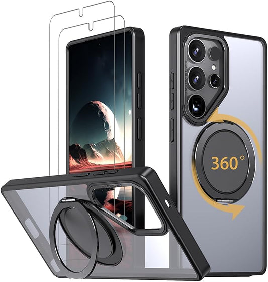 Magnetic Stand Case for Samsung Galaxy S25 Ultra [with 2 Tempered Glass Film] [360° Rotation Magnetic Stand] [Compatible with Magsafe] Military-Grade Drop Protection Case, Black