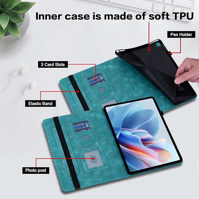 Case for Lenovo Idea Tab Pro 12.7 Inch 2025, Embossed Heart PU Leather Protective Tablet Case with Elastic Band & Card Slots/Holder, Multi-Angle Viewing Stand Cover ，Green