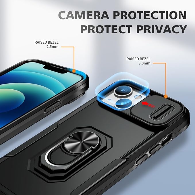 Case for iPhone 14 Phone Case with Slide Camera Cover, with Finger Ring Holder Stand, fit Magnetic Car Mount, for iPhone 14 - Black